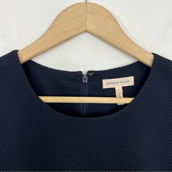 Rebecca Taylor Textured Stacy Sheath Flounce Hem Crewneck Navy Dress Size 6 - Picture 8 of 16